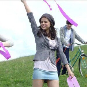 Selena Gomez Dream Out Loud Gray Knit Blazer with White Stripes Cotton Size S